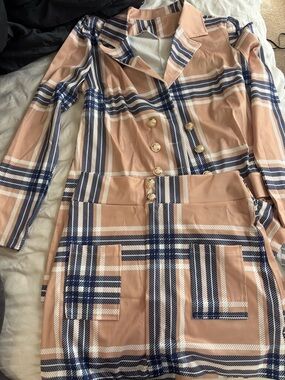 Amazon Tan and Navy Plaid Double-Breasted Dress Blazer